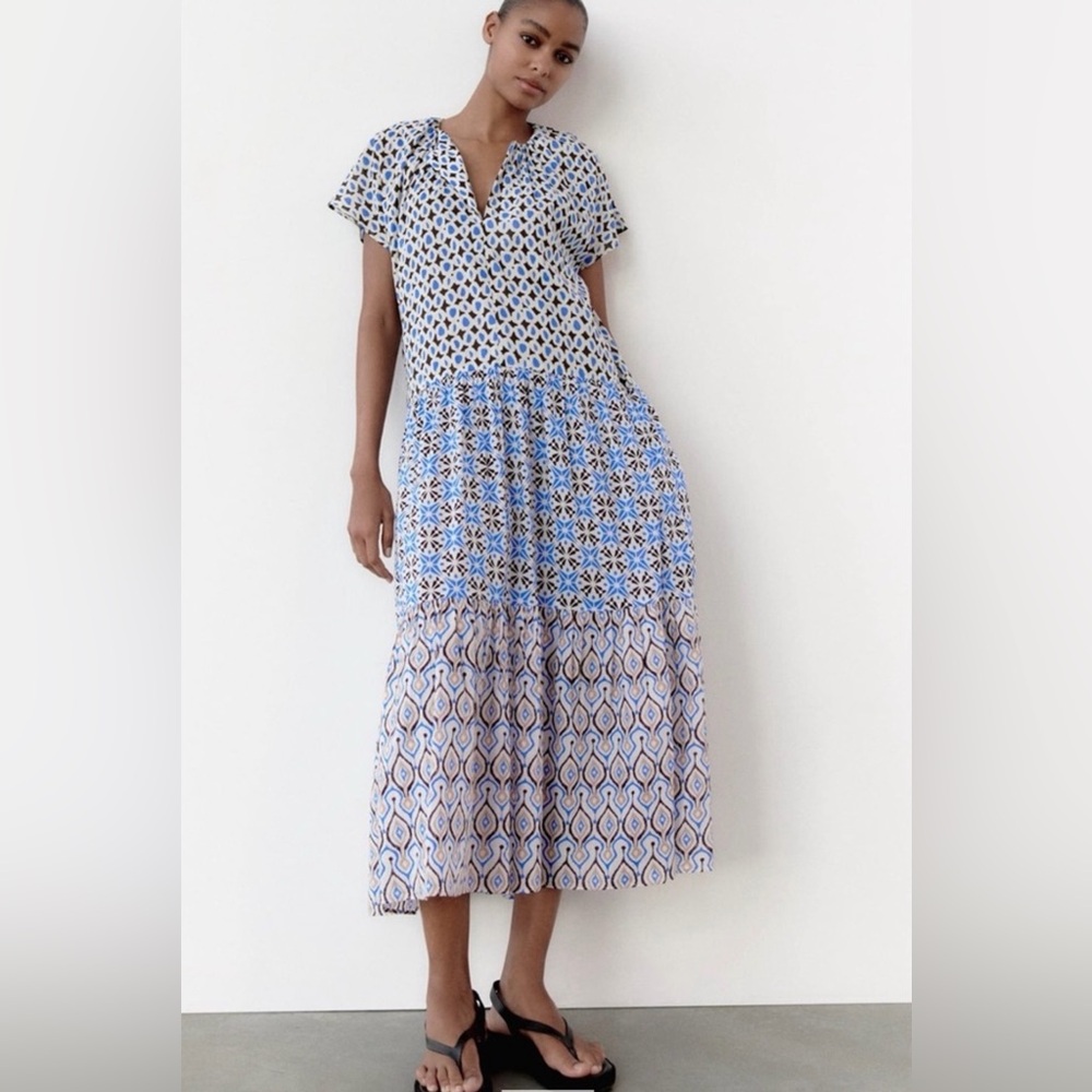 NWOT Zara Patchwork style tiered geometric print  Cotton Dress